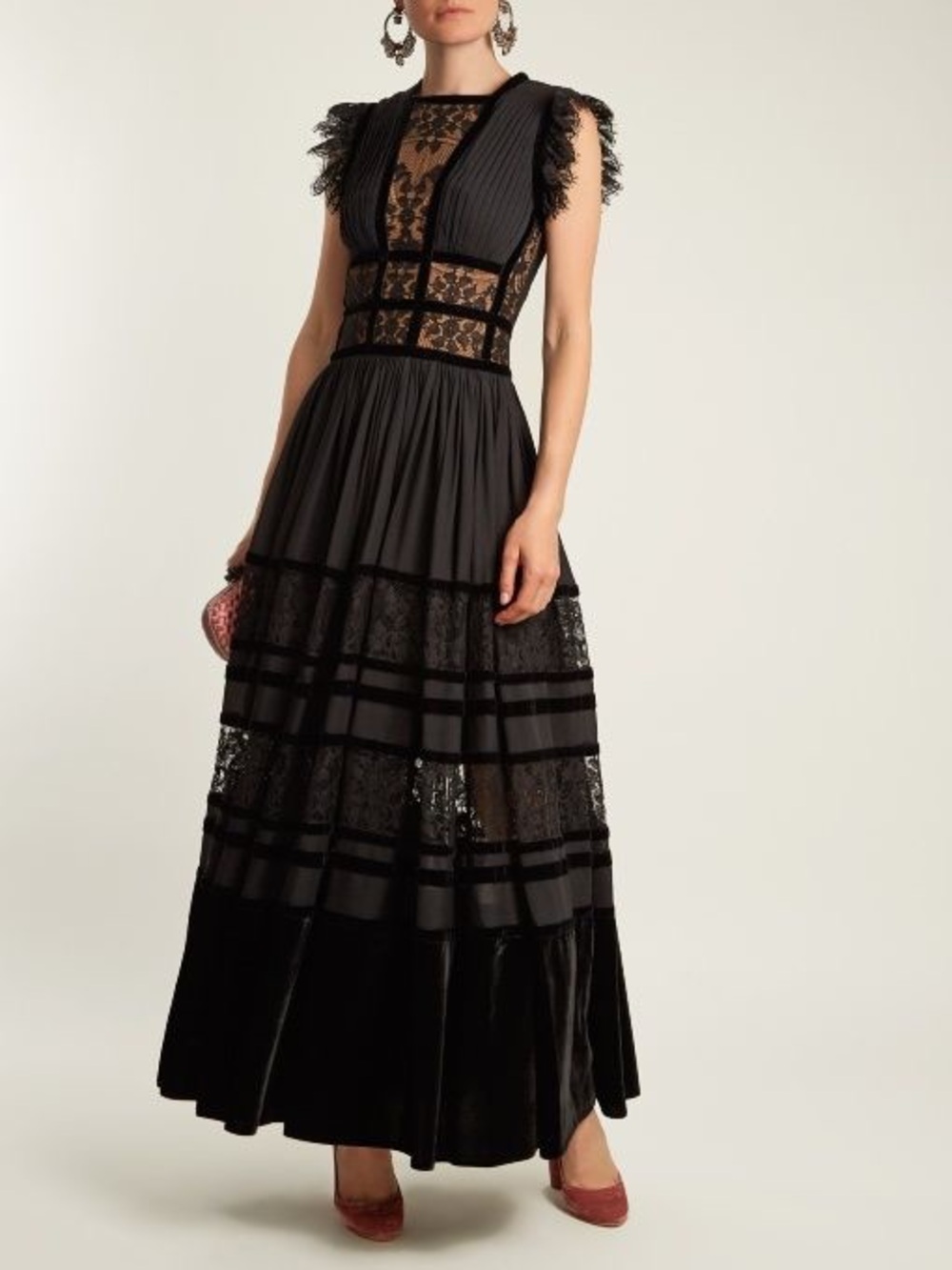 Alberto Makali Black Lace & Velvet Panel Maxi Dress